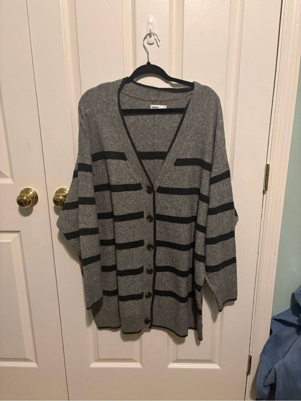 Sonoma Gray and Black Striped Button Oversized Cardigan